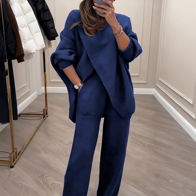 🔥Tweedelige set voor dames – Asymmetrische trui + broek met wijde pijpen, relaxte pasvorm en zachte stof, uiterst comfortabel 👚✨