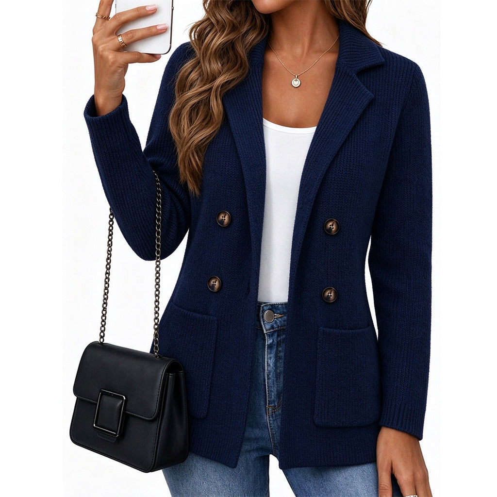 ✈️Gratis verzending🍂 Winter Deal ✨ Dames Geribbelde Gebreide Cardigan met Dubbele Rij Knopen – Lange Vest met Zakken & Reverskraag