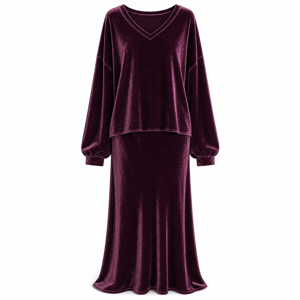 ✨ 50% KORTING 💎 Dames Fluwelen 2-Delige Set met Diepe V-Hals – Losse Sweater & Elegante Uitlopende Maxirok, Zacht en Stijlvol 🍂