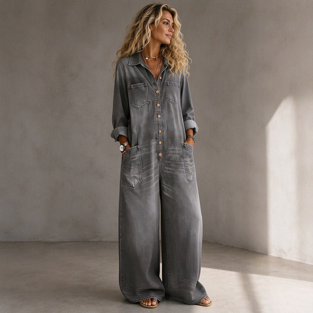 ✨Beperkte voorraad beschikbaar, mis het niet!🔥🔥Vintage Denimen Jumpsuit met Kraag voor Dames
