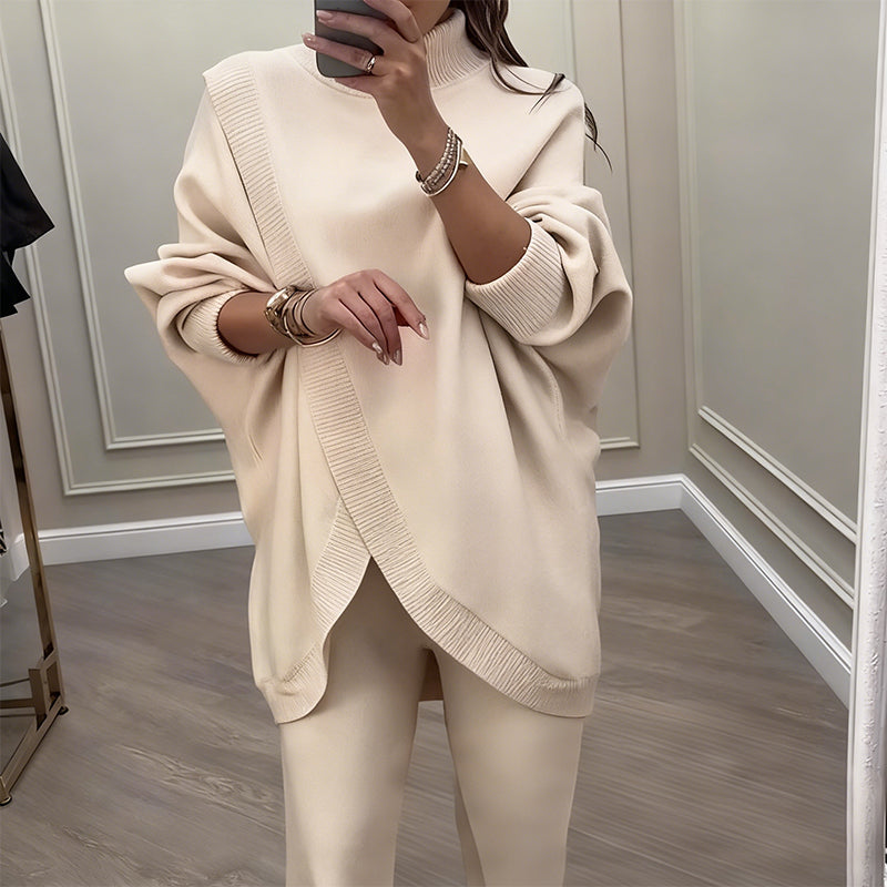 🔥Tweedelige set voor dames – Asymmetrische trui + broek met wijde pijpen, relaxte pasvorm en zachte stof, uiterst comfortabel 👚✨