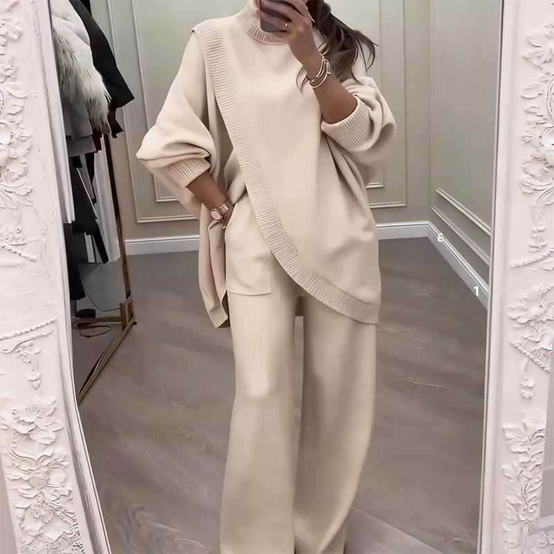 🔥Tweedelige set voor dames – Asymmetrische trui + broek met wijde pijpen, relaxte pasvorm en zachte stof, uiterst comfortabel 👚✨