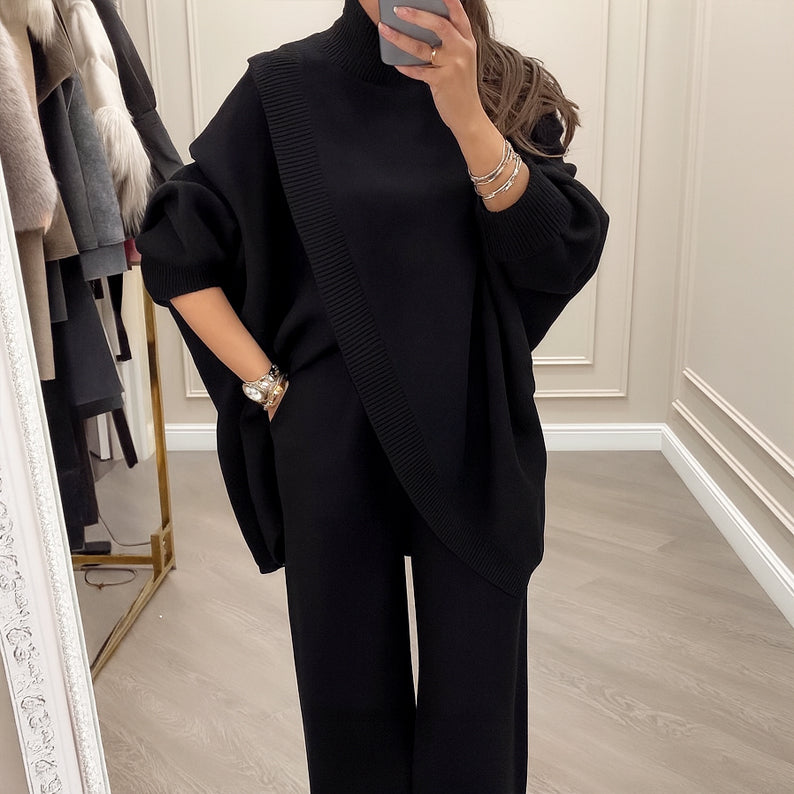 🔥Tweedelige set voor dames – Asymmetrische trui + broek met wijde pijpen, relaxte pasvorm en zachte stof, uiterst comfortabel 👚✨
