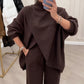 🔥Tweedelige set voor dames – Asymmetrische trui + broek met wijde pijpen, relaxte pasvorm en zachte stof, uiterst comfortabel 👚✨