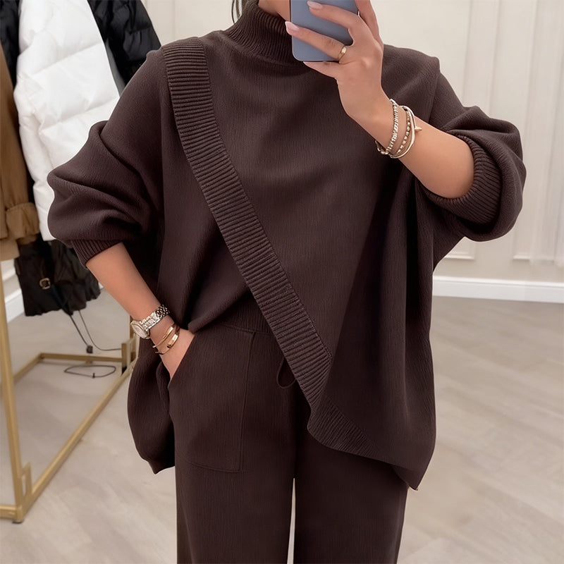 🔥Tweedelige set voor dames – Asymmetrische trui + broek met wijde pijpen, relaxte pasvorm en zachte stof, uiterst comfortabel 👚✨