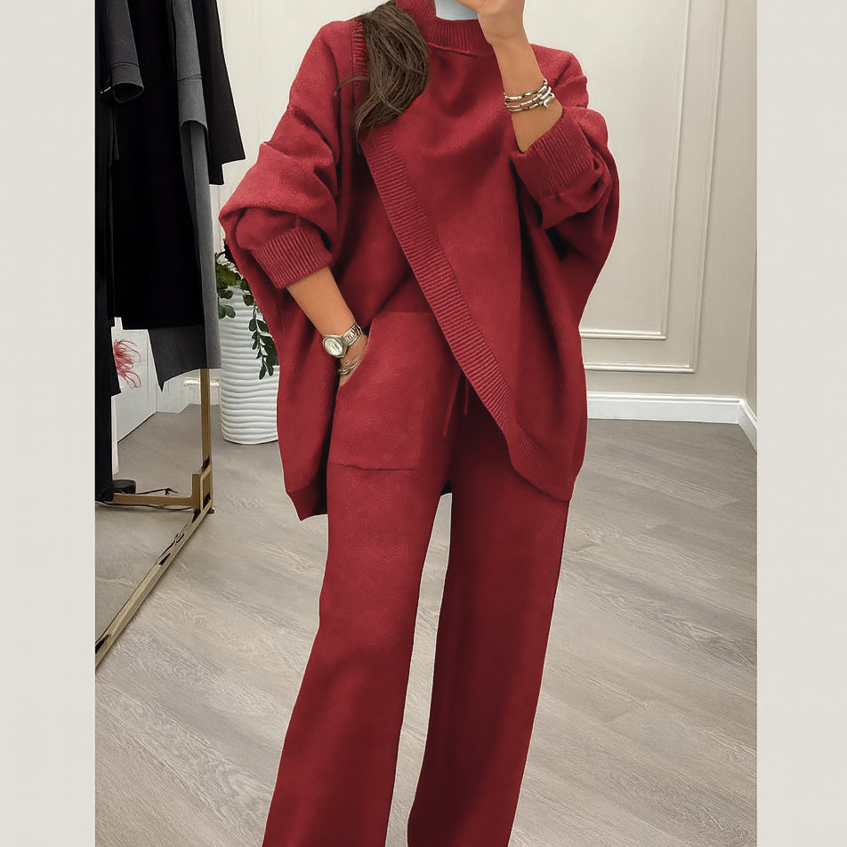 🔥Tweedelige set voor dames – Asymmetrische trui + broek met wijde pijpen, relaxte pasvorm en zachte stof, uiterst comfortabel 👚✨