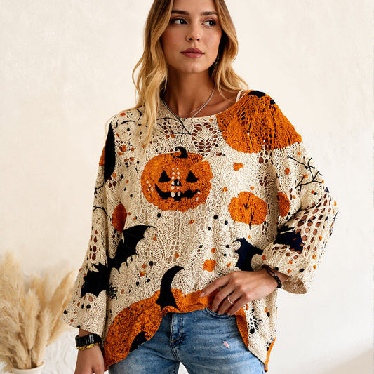 🎃💥Dames Halloween Losse Pasvorm Gebreide Trui met Vleermuismouwen🔥Limited aanbieding