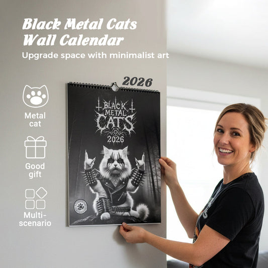 🐱 50% TANIEJ TERAZ! 🎉 Kalendarz Black Metal Cat 2026 — stylowy design, wysokiej jakości metal i stojak w zestawie 📦