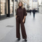 🔥Tweedelige set voor dames – Asymmetrische trui + broek met wijde pijpen, relaxte pasvorm en zachte stof, uiterst comfortabel 👚✨