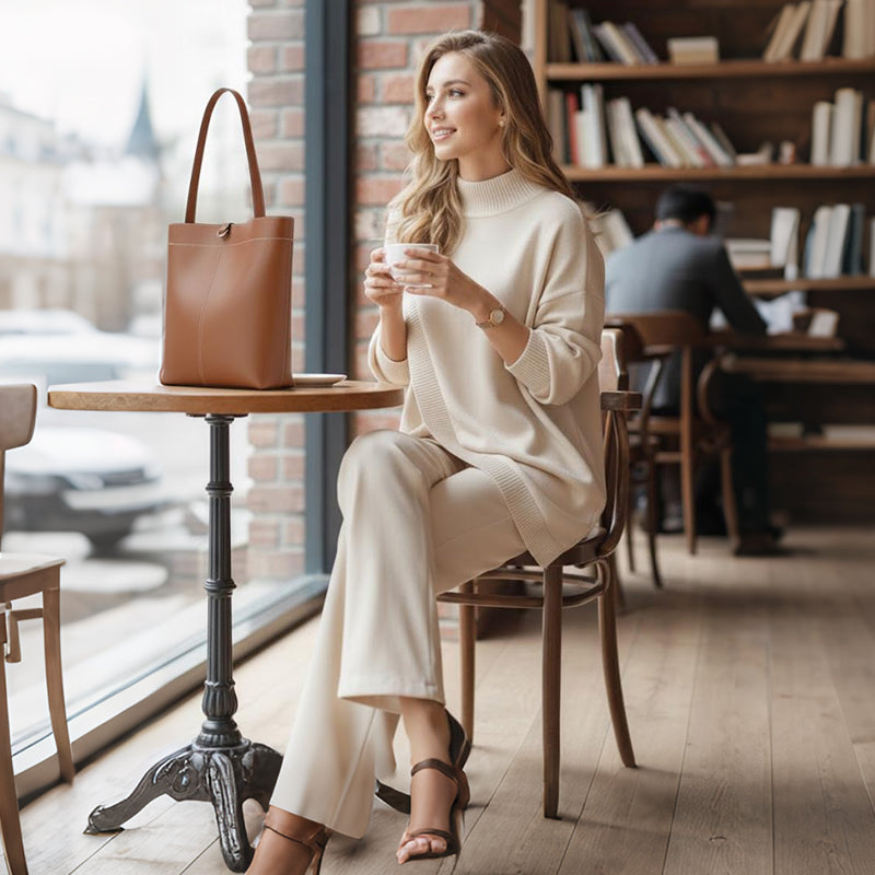 🔥Tweedelige set voor dames – Asymmetrische trui + broek met wijde pijpen, relaxte pasvorm en zachte stof, uiterst comfortabel 👚✨