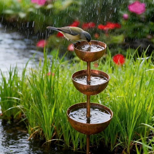 Trójpoziomowy, rustykalny metalowy stojak z karmnikiem i poidłem dla ptaków