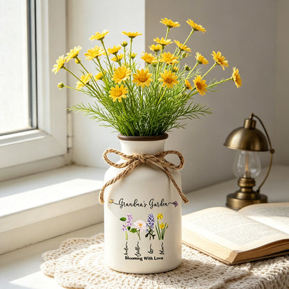 Bukiet kwiatów symbolizujących narodziny dziecka w ceramicznym wazonie