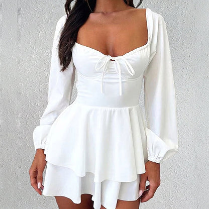 👗 TERAZ 50% ZNIŻKI! 🎀 Damska sukienka-spódniczka z dekoltem w kształcie serca – warstwowe falbanki i odkryte plecy – figlarna i elegancka 🥂