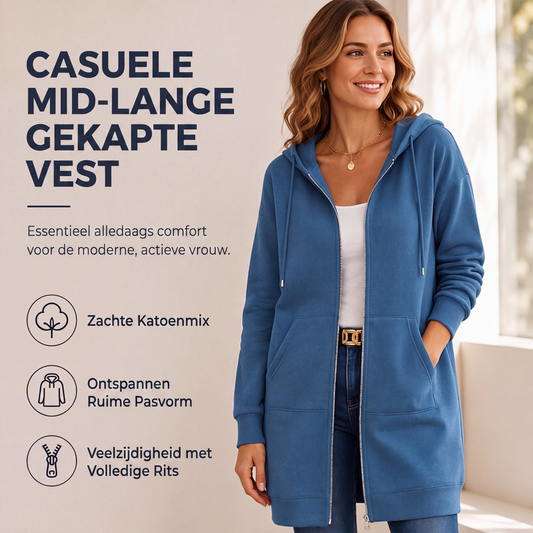 🔥Populair product ！✨Casual Middellang Vest met Capuchon en Ritssluiting
