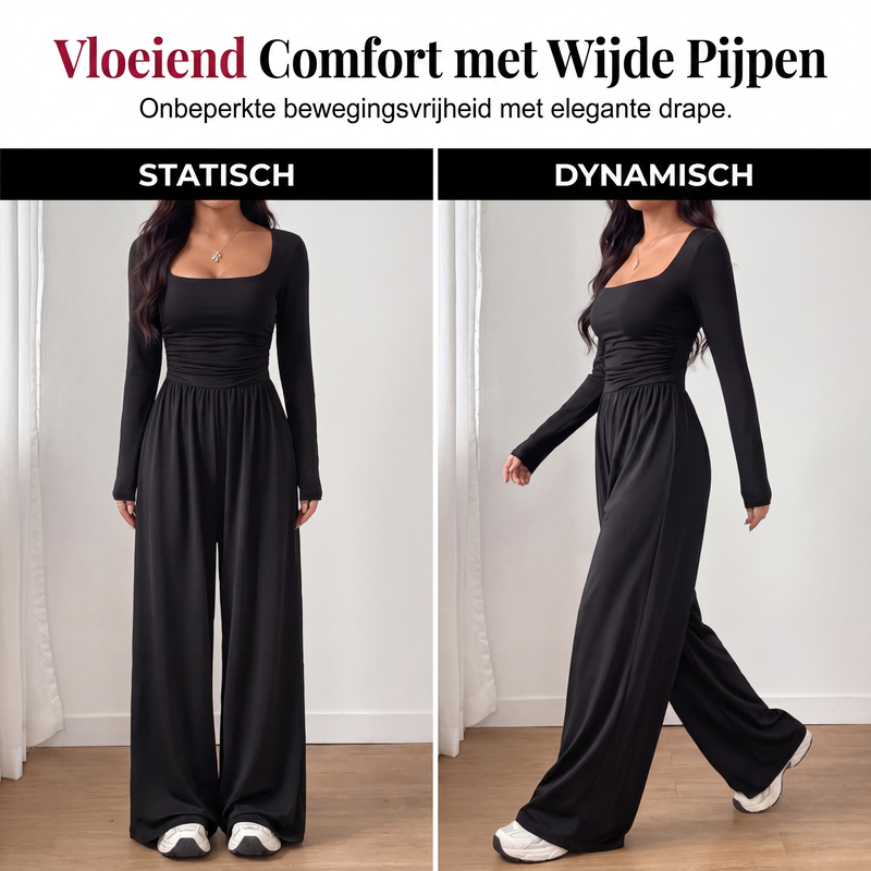 🔥 Tijdelijke Aanbieding ✨ Dames Casual Jumpsuit met Vierkante Hals & Wijde Pijpen 👗 Elegante Look, Comfortabele Pasvorm & Trendy Stijl