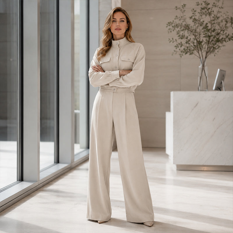 🔥Gratis verzending✈️Modieuze 2-delige set voor dames: jack & wijde pijpen broek