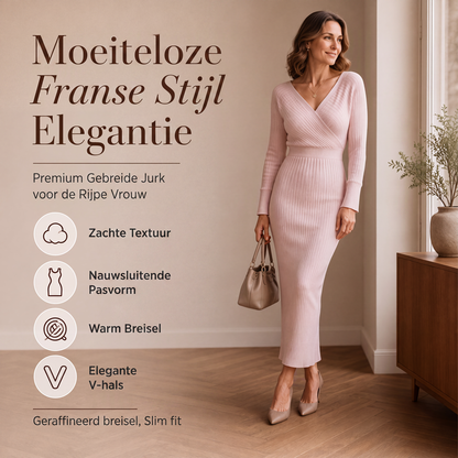 🔥Gratis verzending✈️Elegant Geribbelde Gebreide Wikkeljurk met V-hals voor Dames