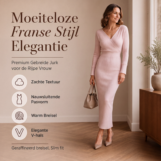 🔥Gratis verzending✈️Elegant Geribbelde Gebreide Wikkeljurk met V-hals voor Dames