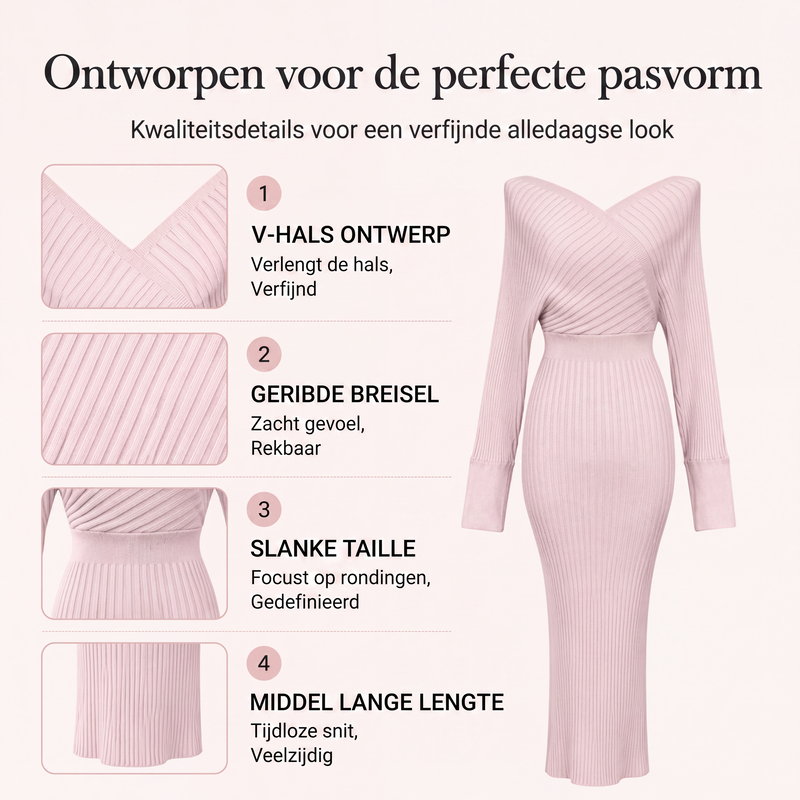 🔥Gratis verzending✈️Elegant Geribbelde Gebreide Wikkeljurk met V-hals voor Dames