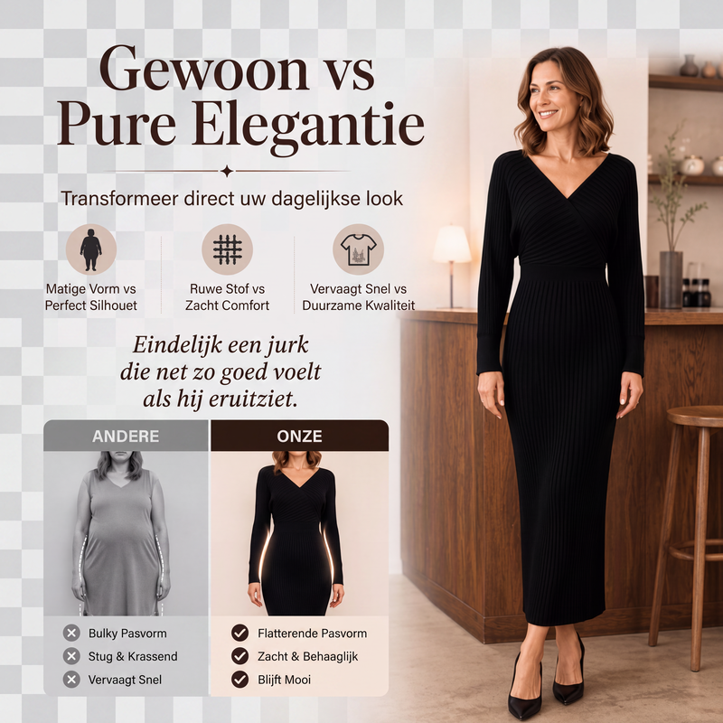 🔥Gratis verzending✈️Elegant Geribbelde Gebreide Wikkeljurk met V-hals voor Dames
