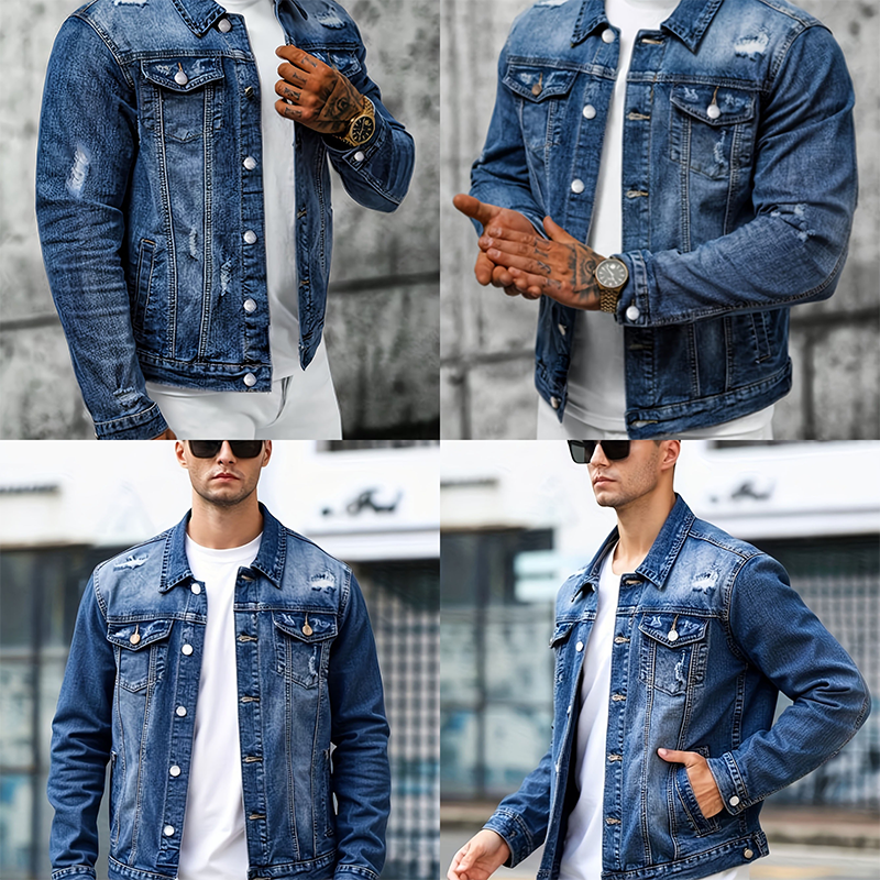 Heren casual vintage washed spijkerjas met destroyed look