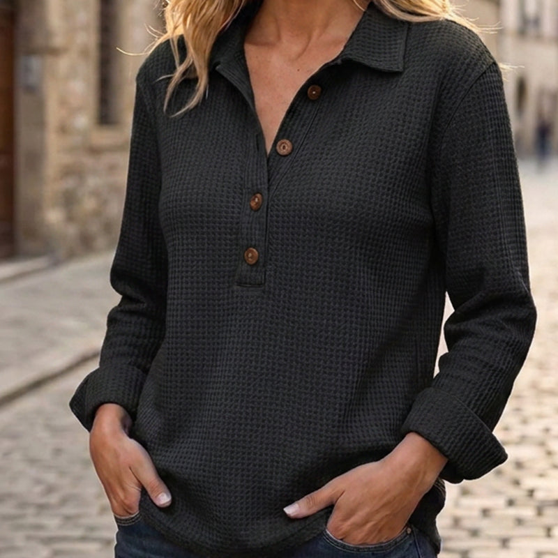 ✨ Nieuwe Collectie 🌿 Dames Wafelgebreid Henley Shirt met Lange Mouwen 👚 Zachte Textuur, Comfortabele Pasvorm & Tijdloze Casual Look