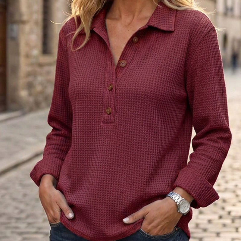 ✨ Nieuwe Collectie 🌿 Dames Wafelgebreid Henley Shirt met Lange Mouwen 👚 Zachte Textuur, Comfortabele Pasvorm & Tijdloze Casual Look
