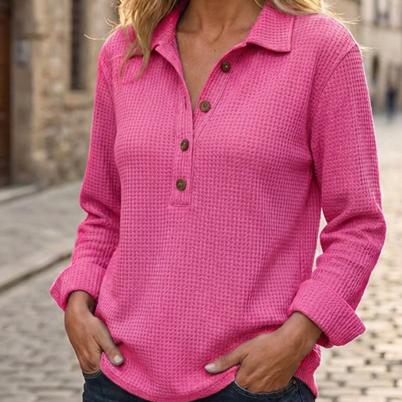 ✨ Nieuwe Collectie 🌿 Dames Wafelgebreid Henley Shirt met Lange Mouwen 👚 Zachte Textuur, Comfortabele Pasvorm & Tijdloze Casual Look