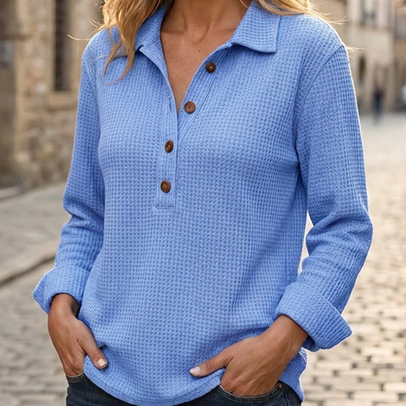 ✨ Nieuwe Collectie 🌿 Dames Wafelgebreid Henley Shirt met Lange Mouwen 👚 Zachte Textuur, Comfortabele Pasvorm & Tijdloze Casual Look