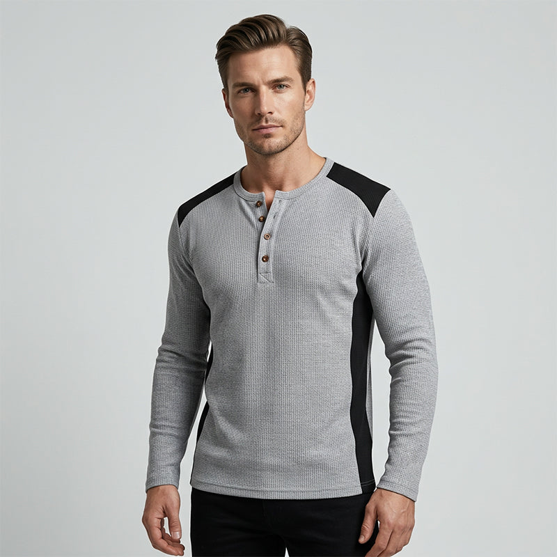 Heren kleurenblok wafelgebreid Henley-shirt