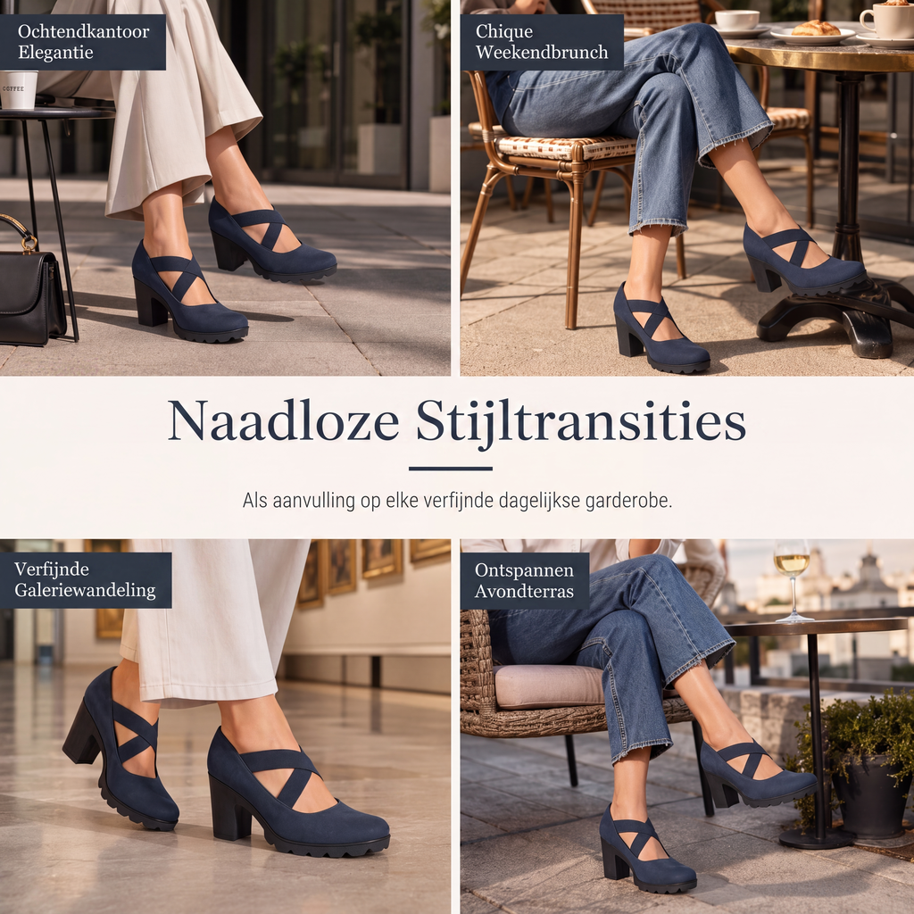 Dames schoenen met ronde neus, gekruiste bandjes en Mary Jane-stijl, blokhak, plateauhiel en uitsparingen