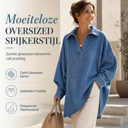📢📢50% korting!!!🎉✨Casual, loszittend jeans-truitje voor dames met V-hals, vleermuismouwen en een asymmetrische zoom