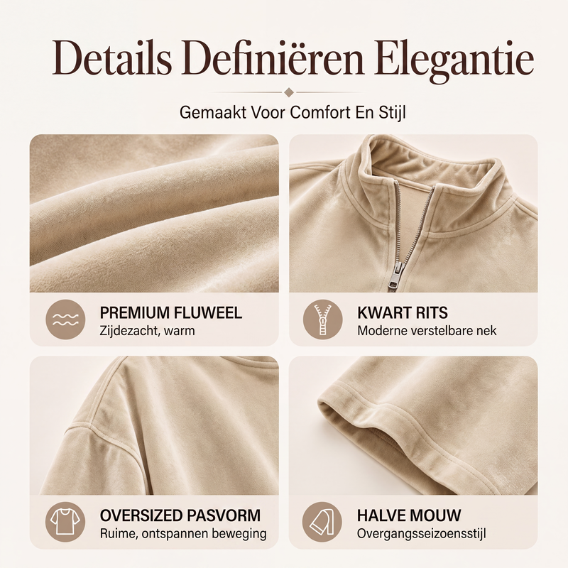 Fluwelen damesblouse met 3/4 mouwen en halve ritssluiting