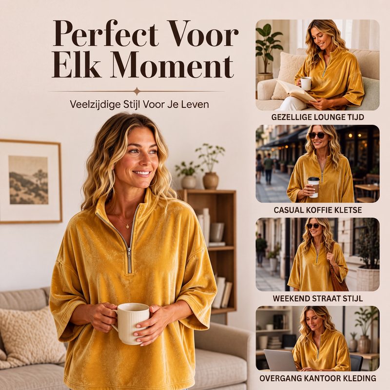 Fluwelen damesblouse met 3/4 mouwen en halve ritssluiting