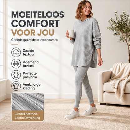 Geribbelde gebreide hoodie en broek set voor dames