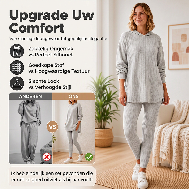 Geribbelde gebreide hoodie en broek set voor dames
