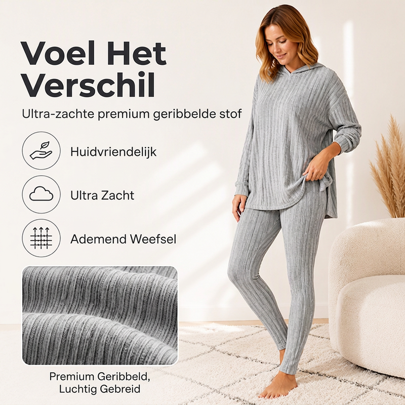 Geribbelde gebreide hoodie en broek set voor dames