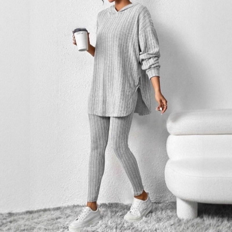 Geribbelde gebreide hoodie en broek set voor dames