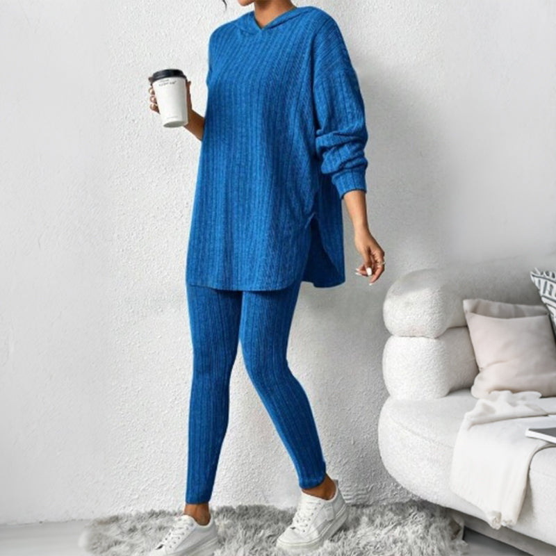 Geribbelde gebreide hoodie en broek set voor dames