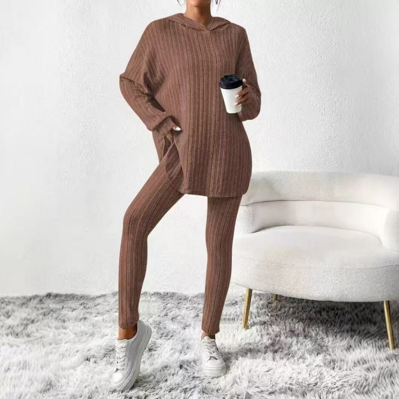 Geribbelde gebreide hoodie en broek set voor dames