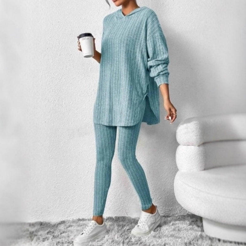 Geribbelde gebreide hoodie en broek set voor dames