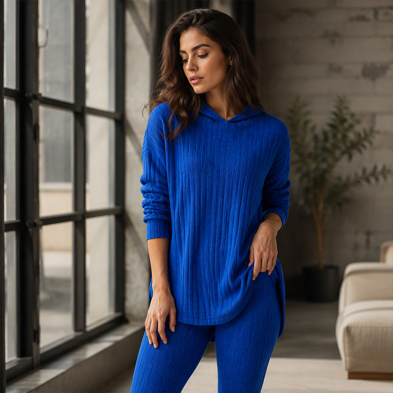 Geribbelde gebreide hoodie en broek set voor dames