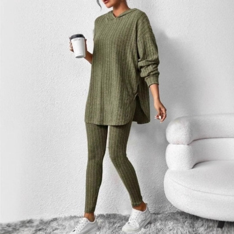 Geribbelde gebreide hoodie en broek set voor dames