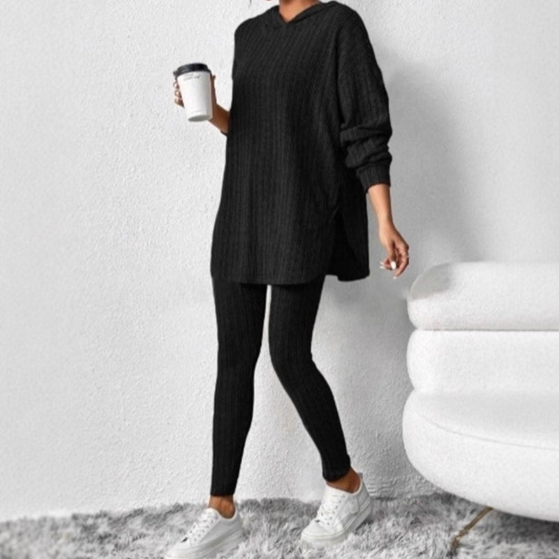 Geribbelde gebreide hoodie en broek set voor dames
