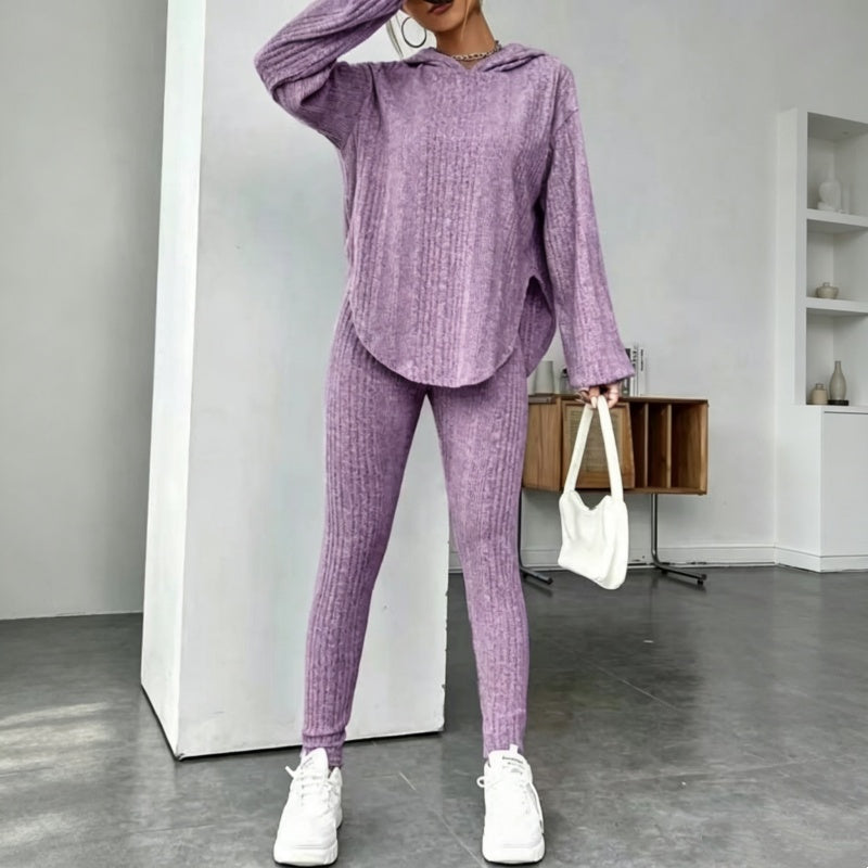 Geribbelde gebreide hoodie en broek set voor dames