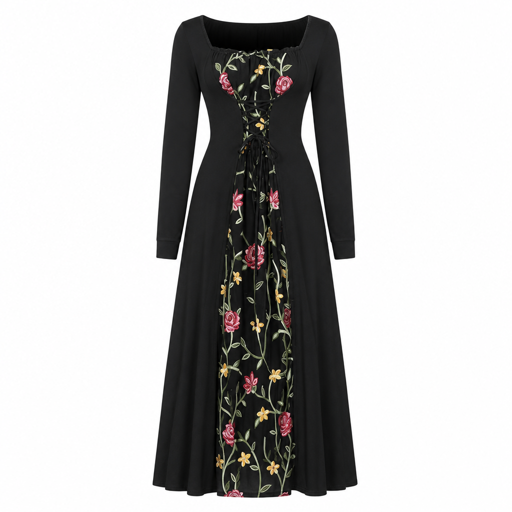 🔥Gratis verzending✈️🖤 Zwarte Dames Maxi-Jurk met Vierkante Hals – Lange Mouwen, Veter Korset Taille & Geborduurde Bloemen Mesh Details ✨