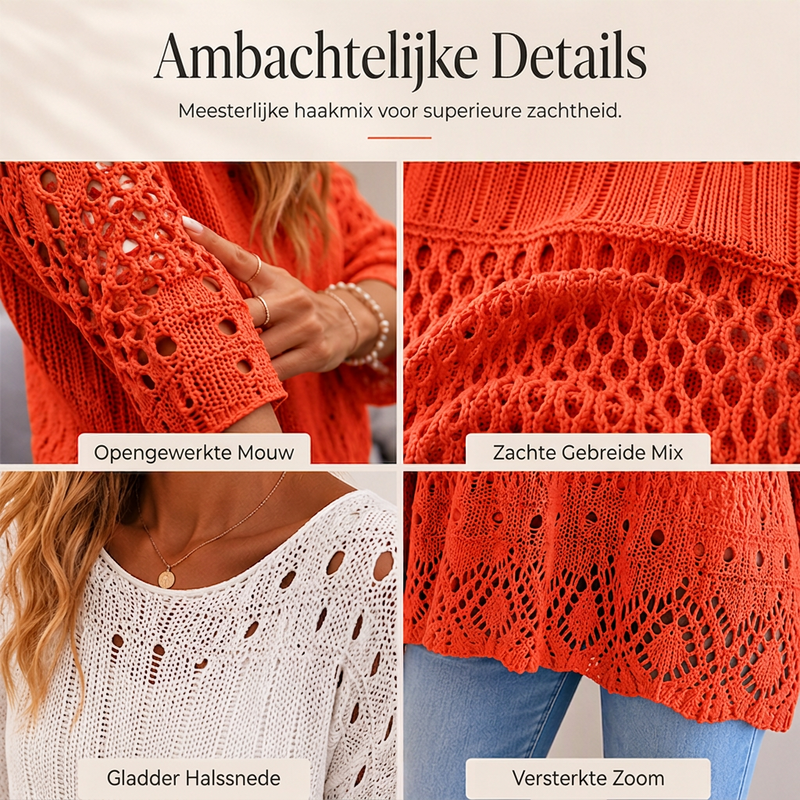 🧶 Dames Gebreide Trui met Gehaakte Opengewerkte Patronen – Elegante Casual Sweater met Zachte Pasvorm & Unieke Details ✨