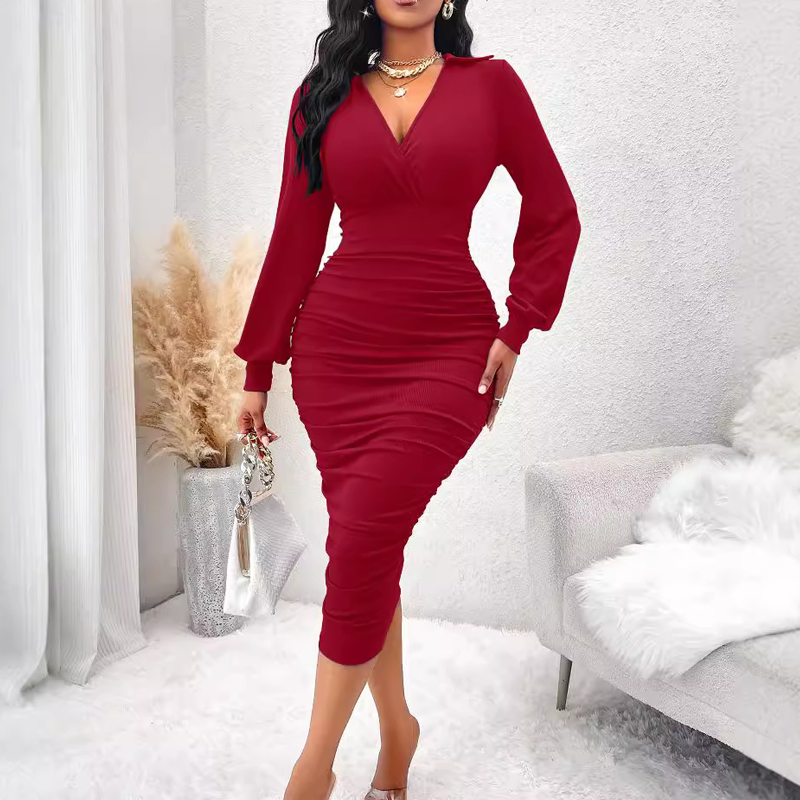 Dames V-hals klokmouw geplooide bodycon jurk
