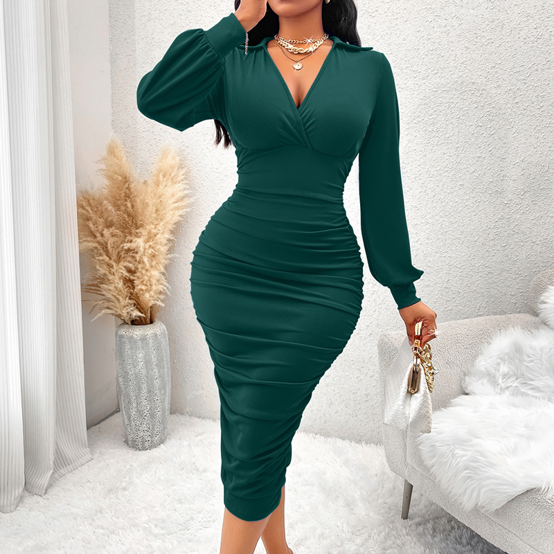 Dames V-hals klokmouw geplooide bodycon jurk