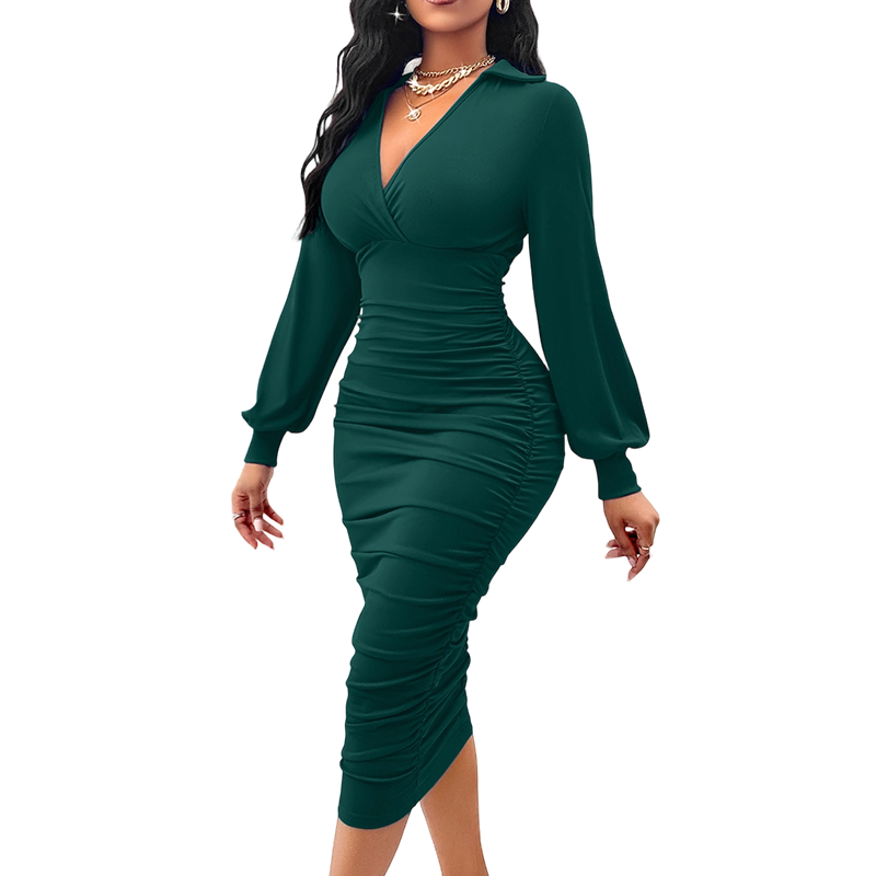 Dames V-hals klokmouw geplooide bodycon jurk